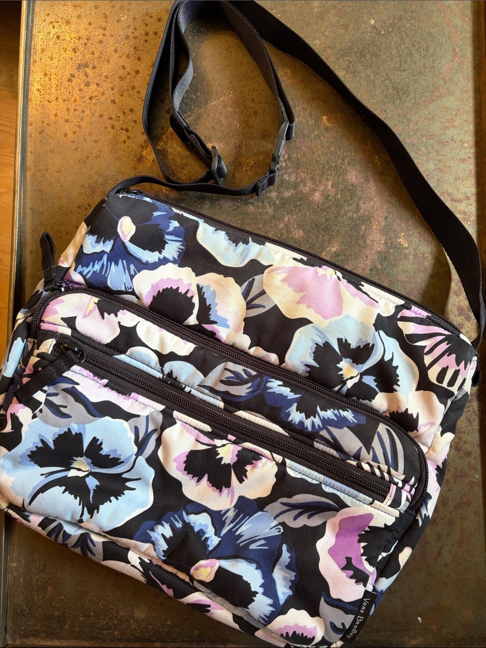 Vera Bradley Plum Pansies(Retired) Utility Crossbody Bag.Travel. Black,Blue&Pink